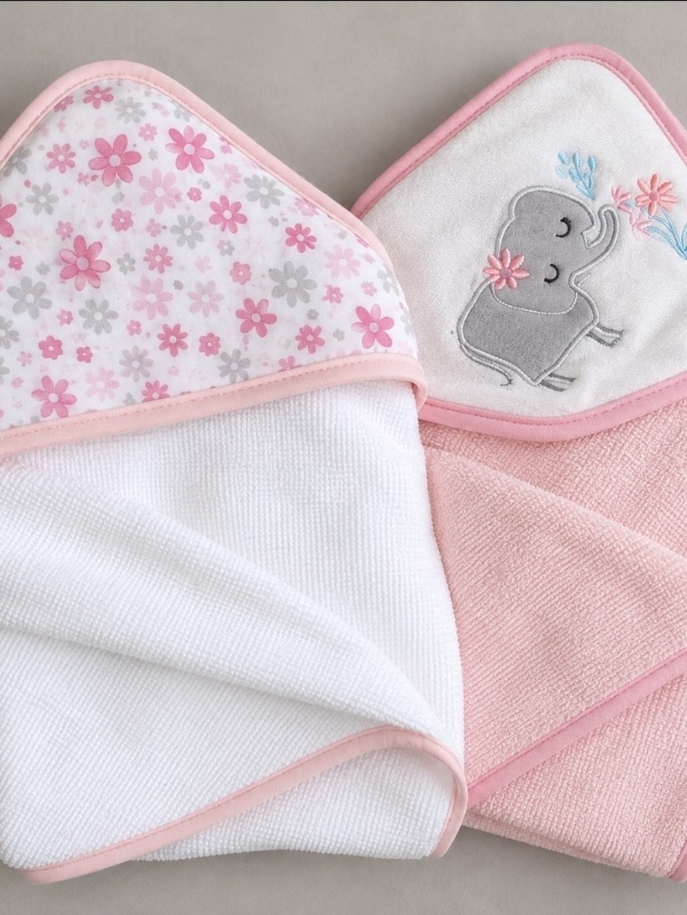 Pink Baby Hooded Towel - Soft Floral & Elephant Design